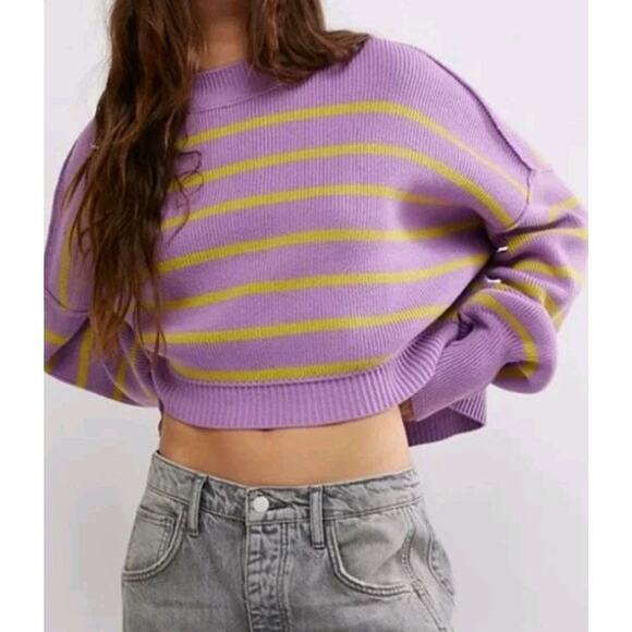 Free People sweater cropped knit pullover striped cotton blend XS Oversize - Picture 1 of 11